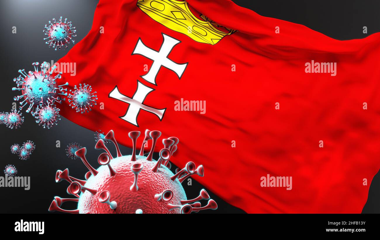 Gdansk and covid pandemic - virus attacking a city flag of Gdansk as a symbol of a fight and struggle with the virus pandemic in this city, 3d illustr Stock Photo