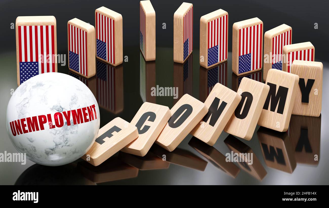USA and unemployment, economy and domino effect - chain reaction in USA economy set off by unemployment causing an inevitable crash and collapse - fal Stock Photo