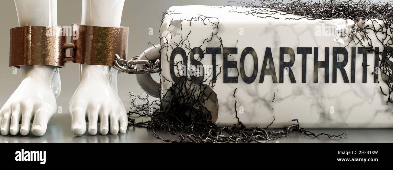 Osteoarthritis that entraps, limits life, enslaves and brings psychological weight, symbolized by a heavy, decaying stone with word Osteoarthritis and Stock Photo