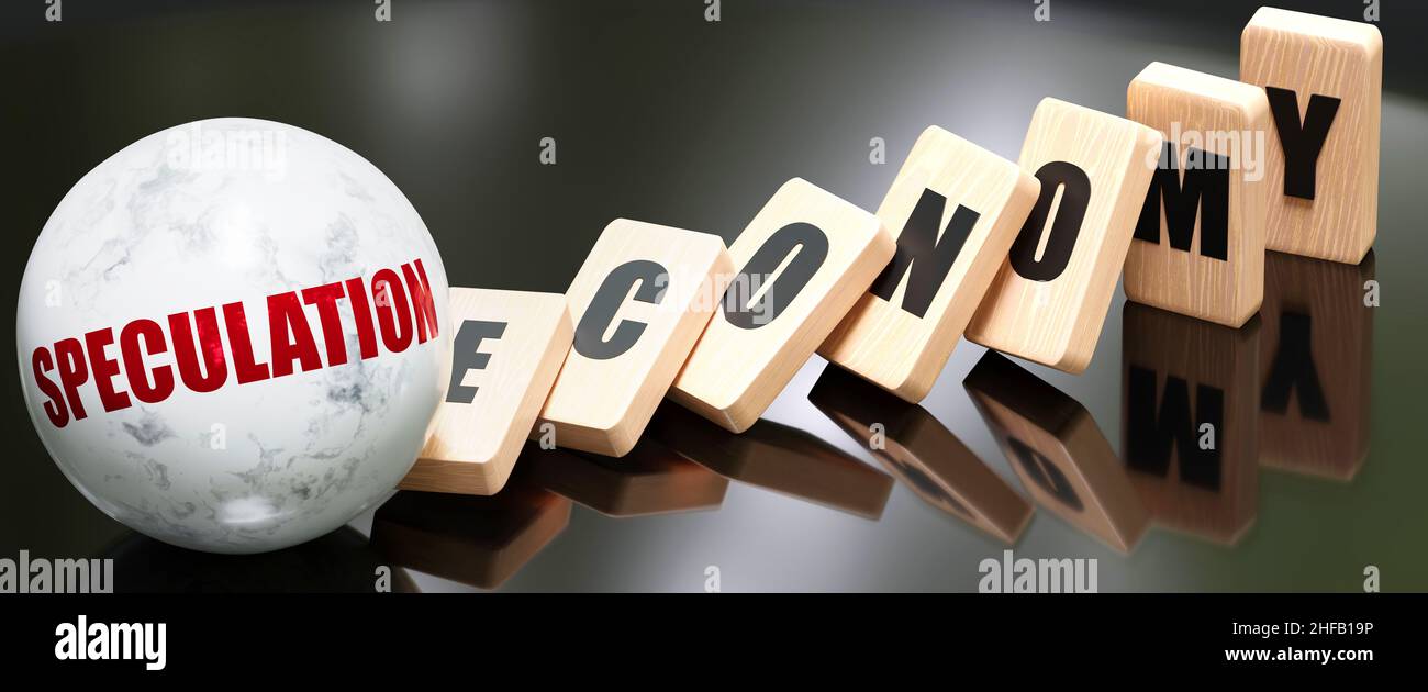 Speculation, economy and a domino effect - chain reaction in the economy set off by Speculation causing an inevitable fall and global collapse., 3d il Stock Photo