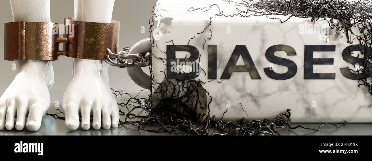 Biases that entraps, limits life, enslaves and brings psychological weight, symbolized by a heavy, decaying stone with word Biases and black, poisonou Stock Photo
