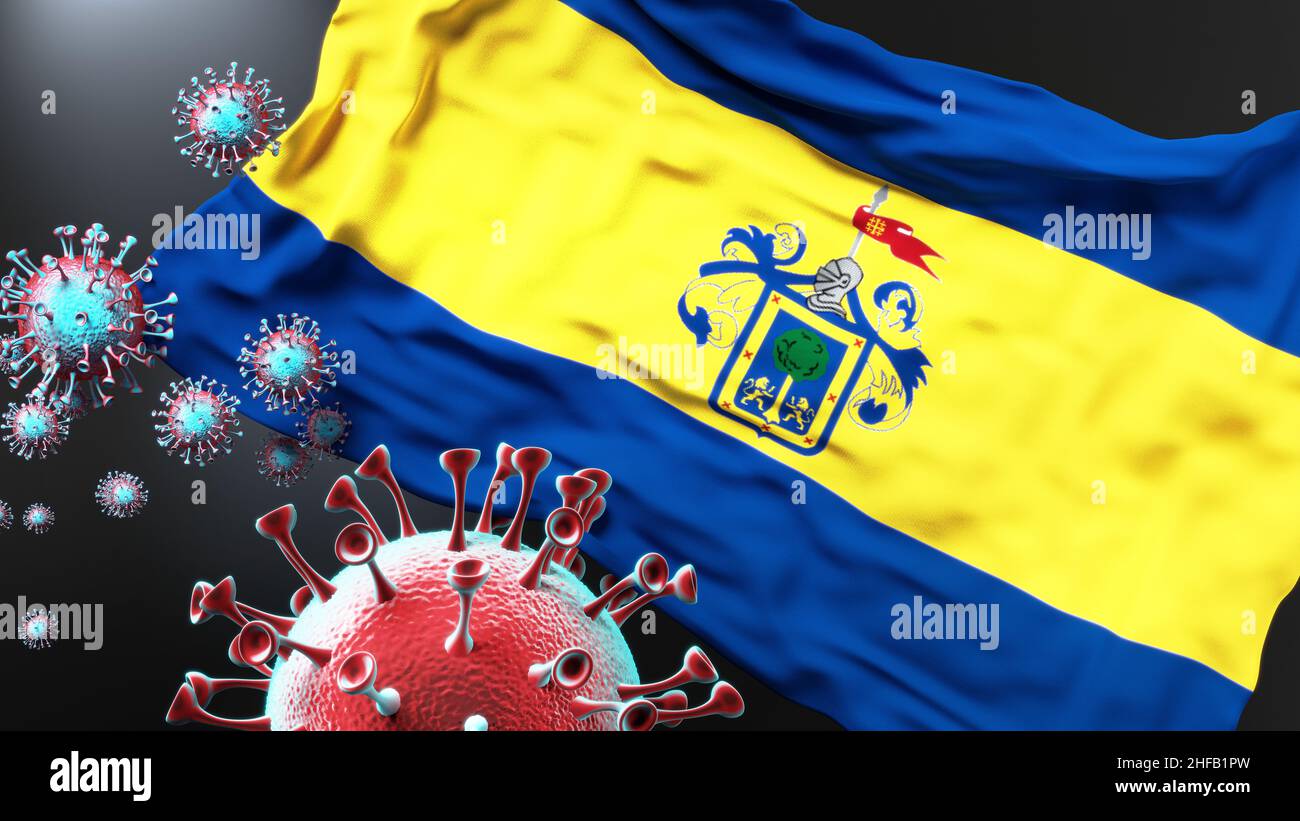 Guadalajara Mexico and covid pandemic virus attacking a city flag of