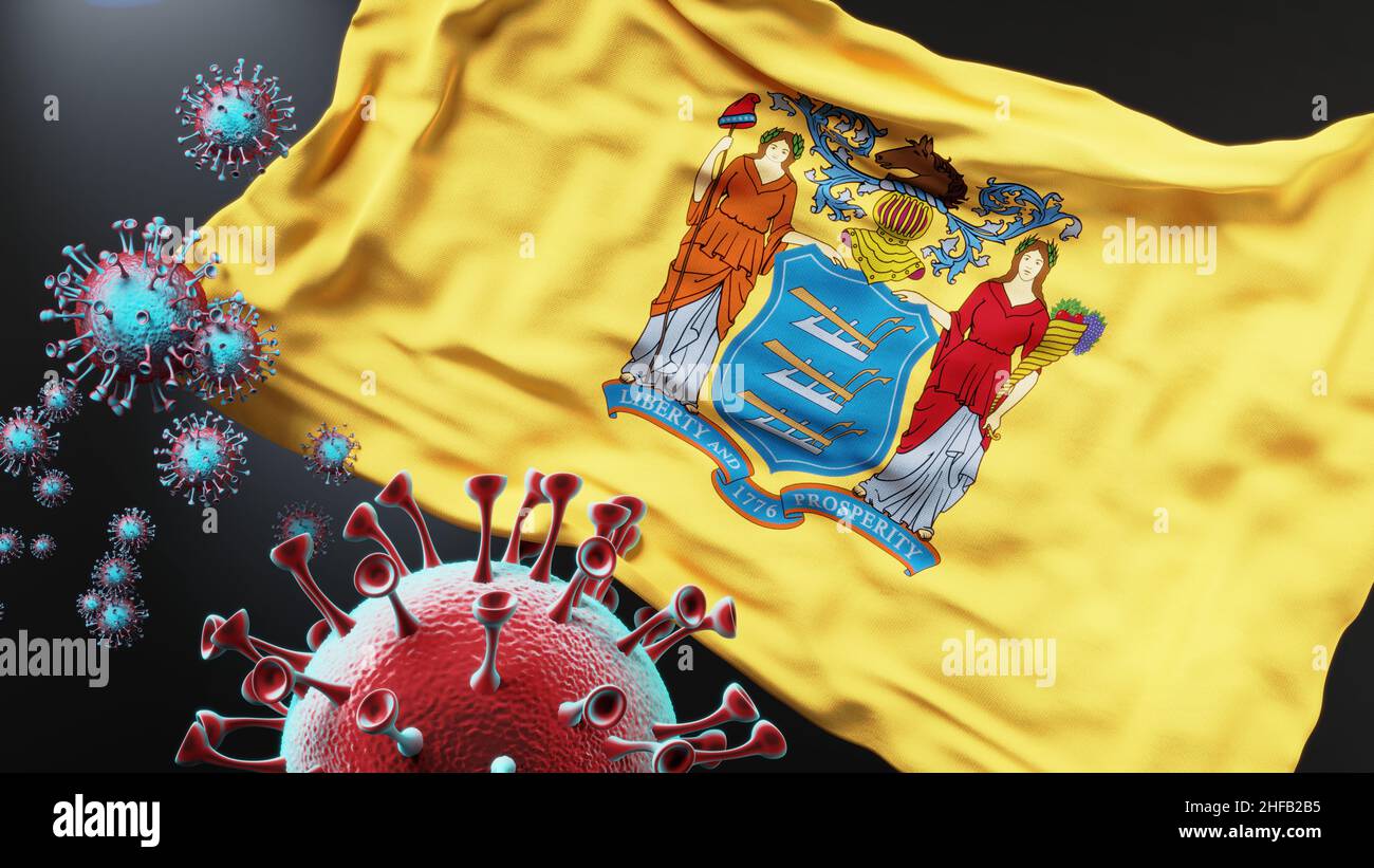 New Jersey and covid pandemic - virus attacking a state flag of New Jersey as a symbol of a fight and struggle with the virus pandemic in this state, Stock Photo