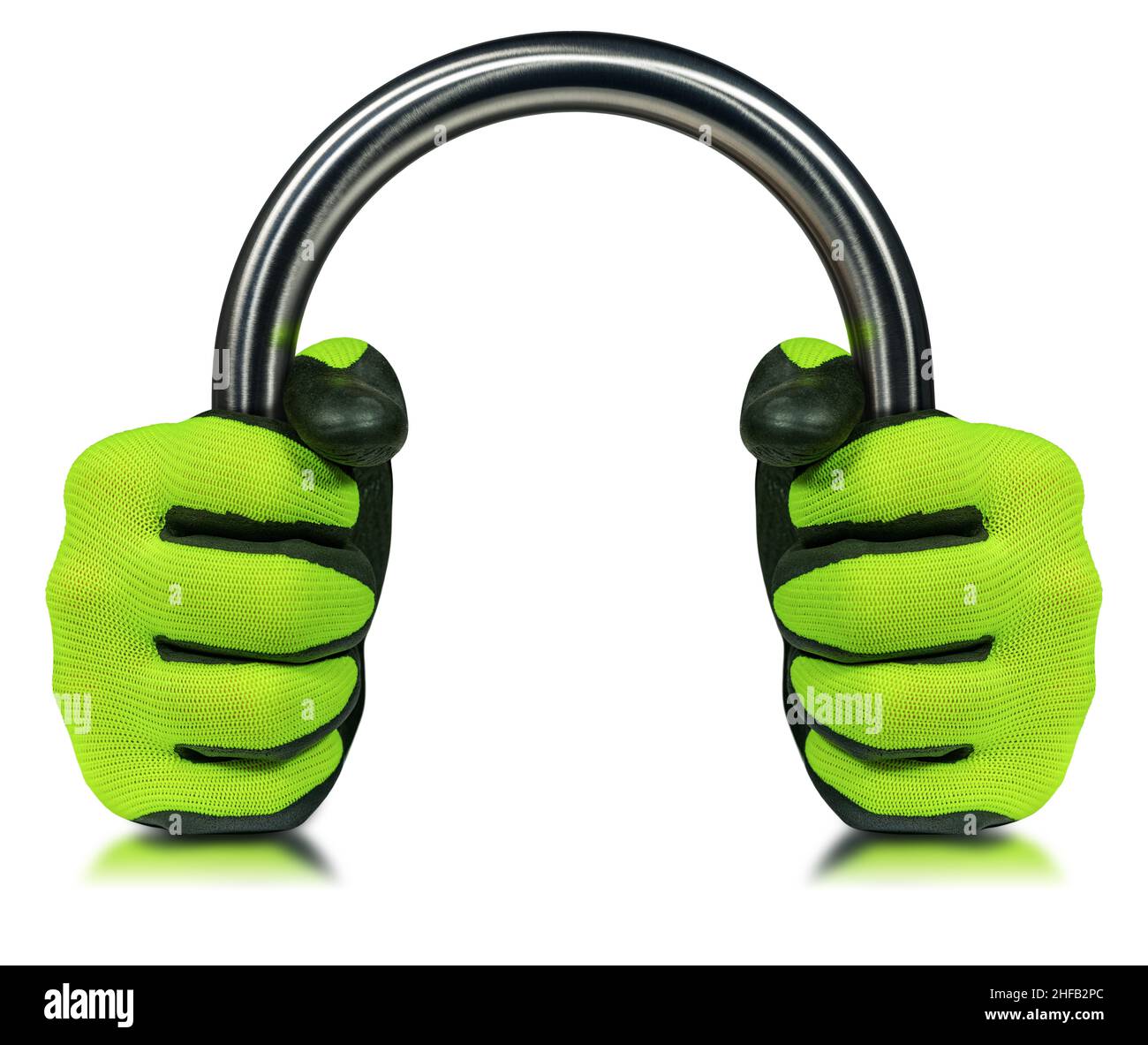 Hands with green and black protective work gloves, holding a curved stainless steel pipe, isolated on white background with copy space and reflections Stock Photo