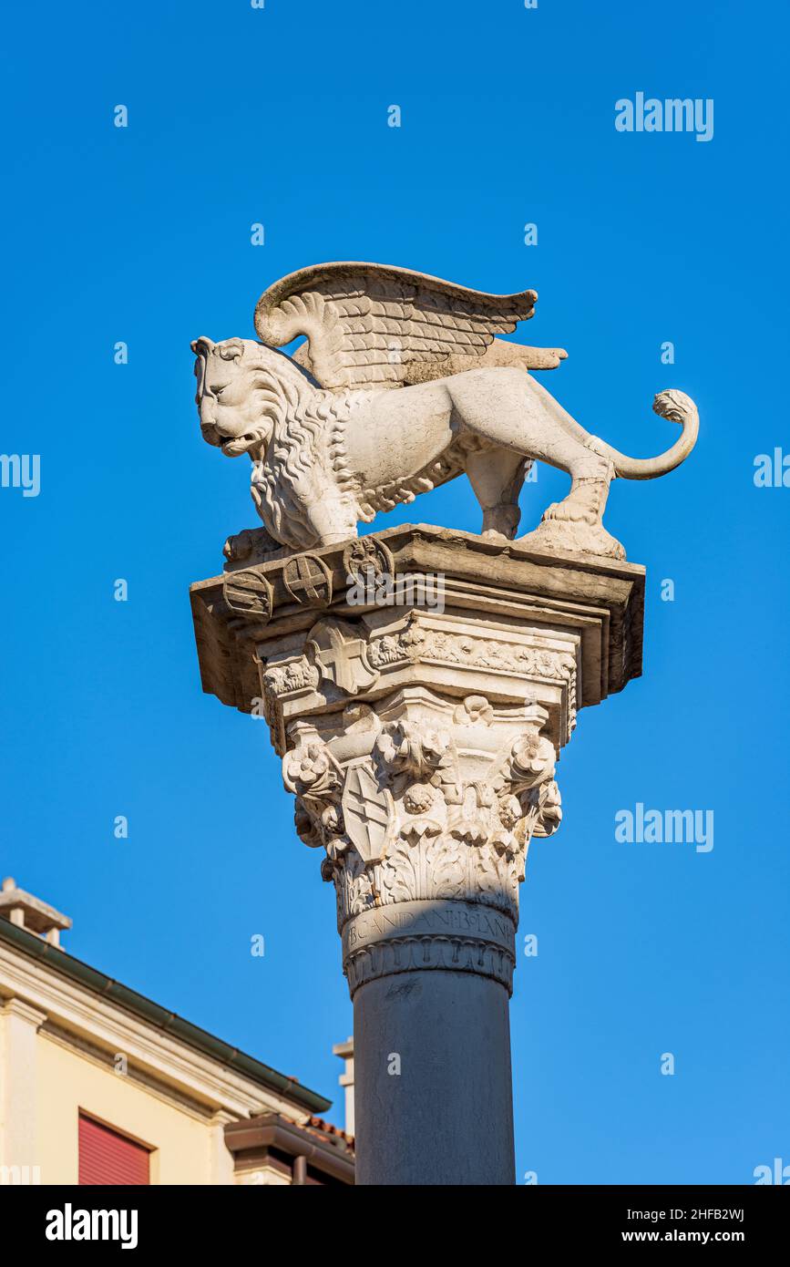 Column with the Winged Lion of Saint Mark symbol of the Venetian Republic and the Mark of the Evangelist. Vicenza, Piazza dei Signori, Veneto, Italy. Stock Photo