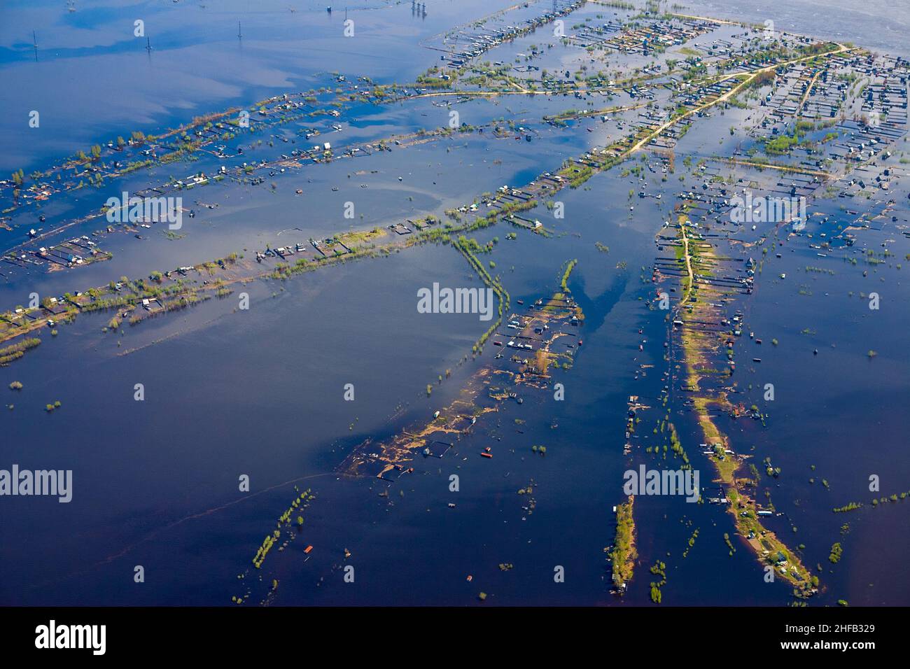 Aerial view of the flooded village. The flood on the Ob River caused a ...