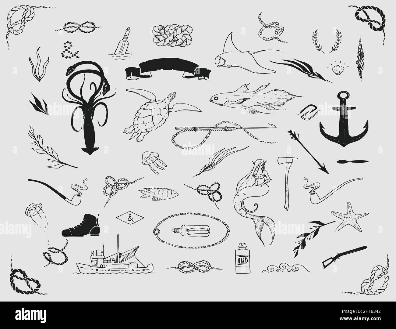 Sea collection, black and white Stock Vector