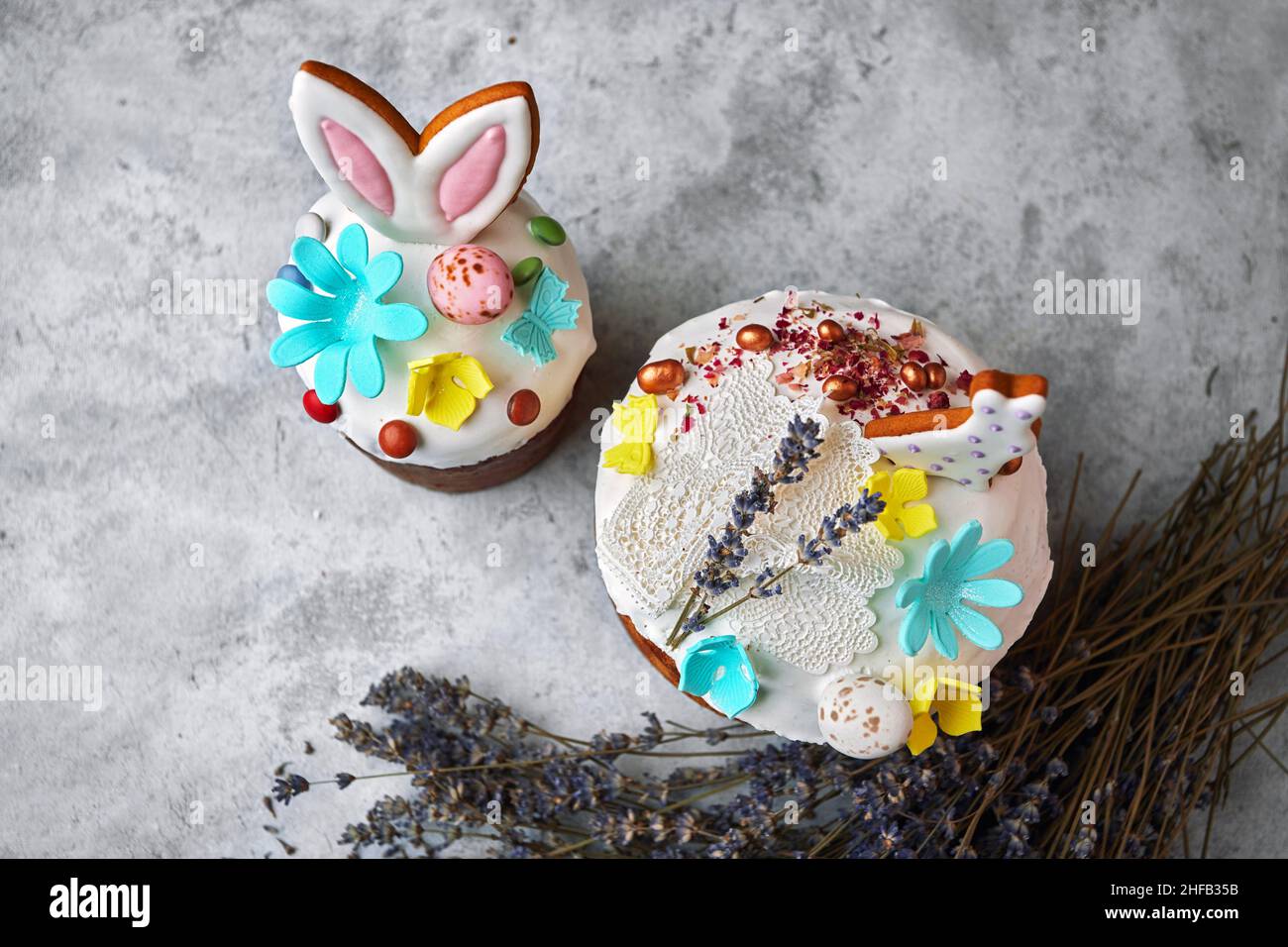 Decorative festive easter with easter bunny and lavender branches Stock Photo