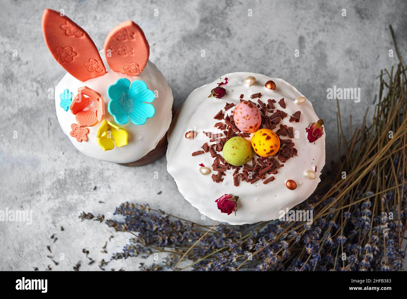 Decorative festive easter with easter bunny and lavender branches Stock Photo