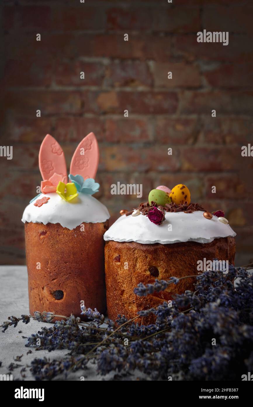 Decorative festive easter with easter bunny and lavender branches Stock Photo
