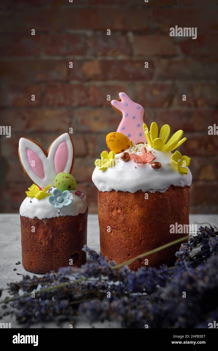 Decorative festive easter with easter bunny and lavender branches Stock Photo