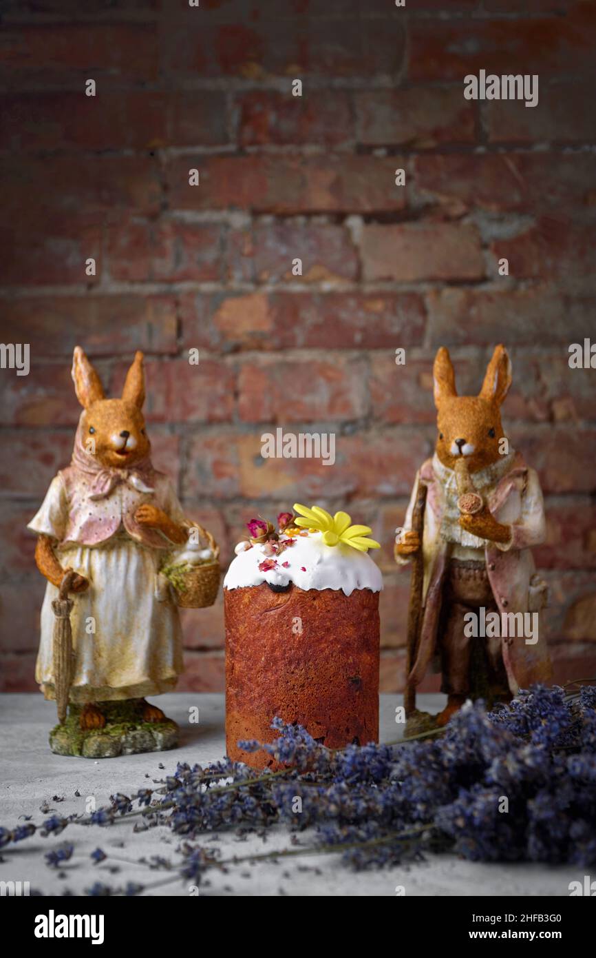 Decorative festive easter with easter bunny and lavender branches Stock Photo