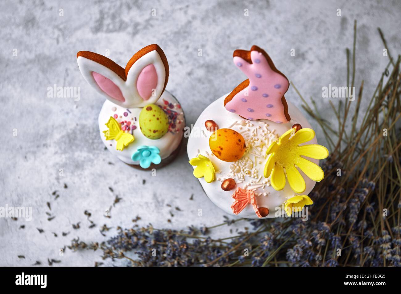 Decorative festive easter with easter bunny and lavender branches Stock