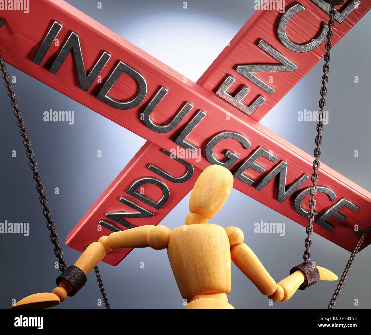 Indulgence control, power, influence and manipulation symbolized by control bar with word Indulgence pulling the strings (chains) of a wooden puppet, Stock Photo