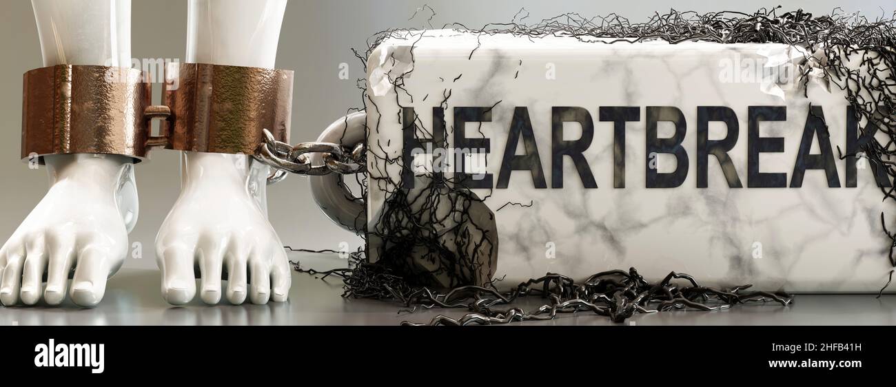 Heartbreak that entraps, limits life, enslaves and brings psychological weight, symbolized by a heavy, decaying stone with word Heartbreak and black, Stock Photo