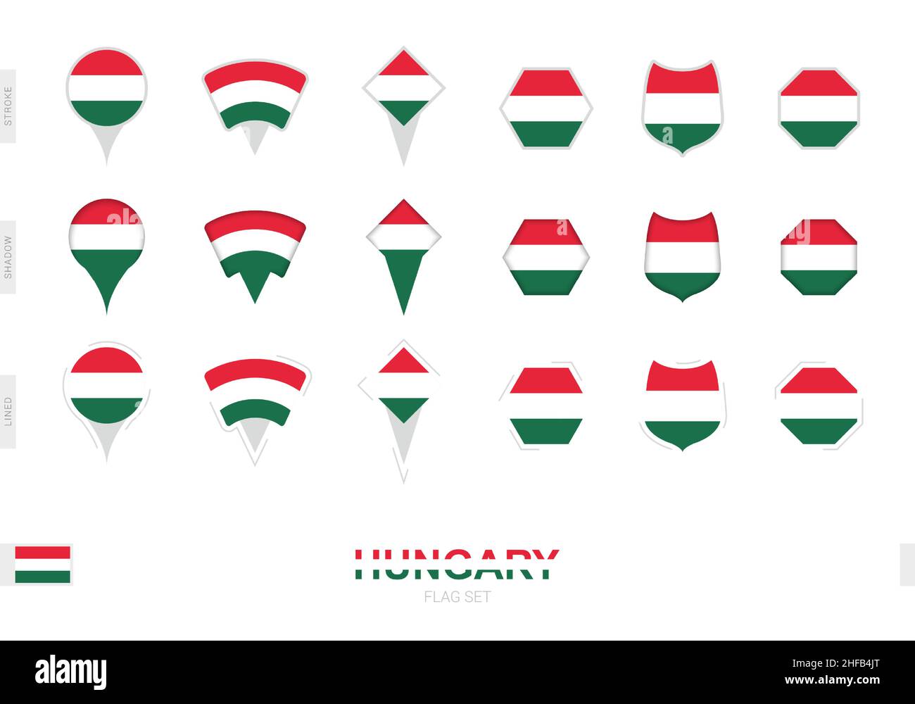 Collection of the Hungary flag in different shapes and with three different effects. Vector flag set. Stock Vector