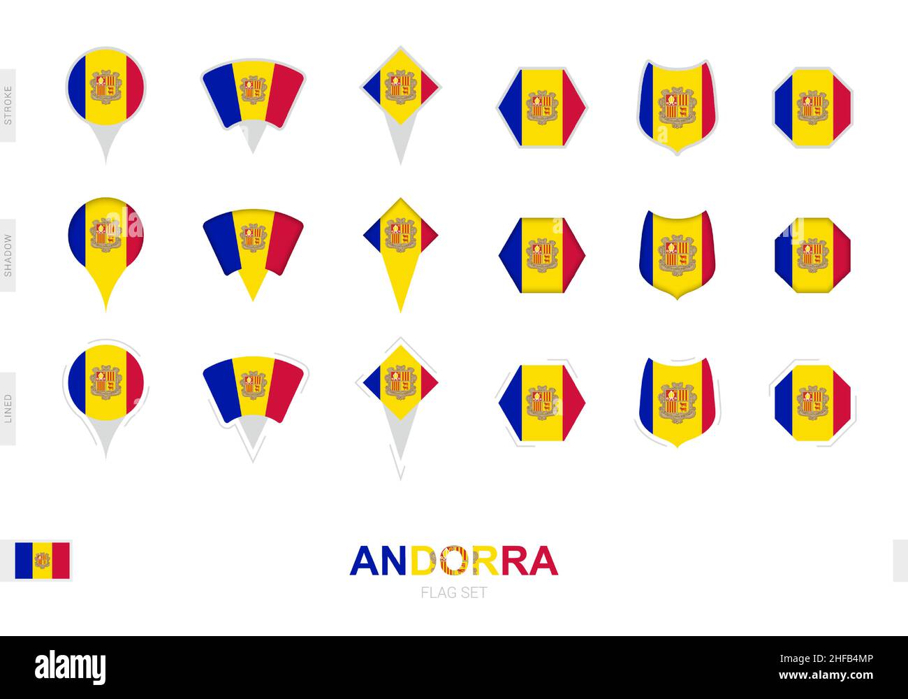 Collection of the Andorra flag in different shapes and with three different effects. Vector flag set. Stock Vector
