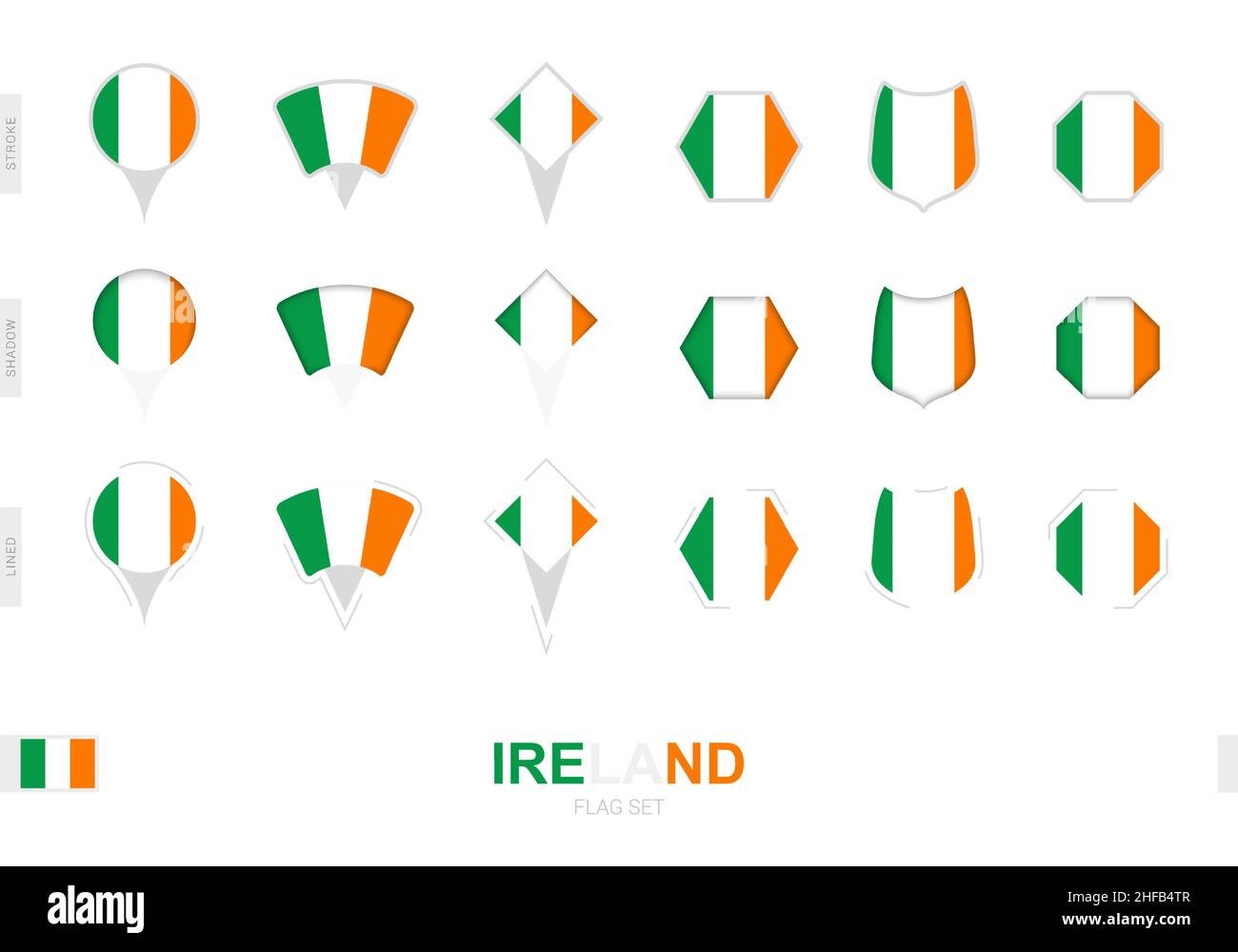 Collection of the Ireland flag in different shapes and with three different effects. Vector flag set. Stock Vector