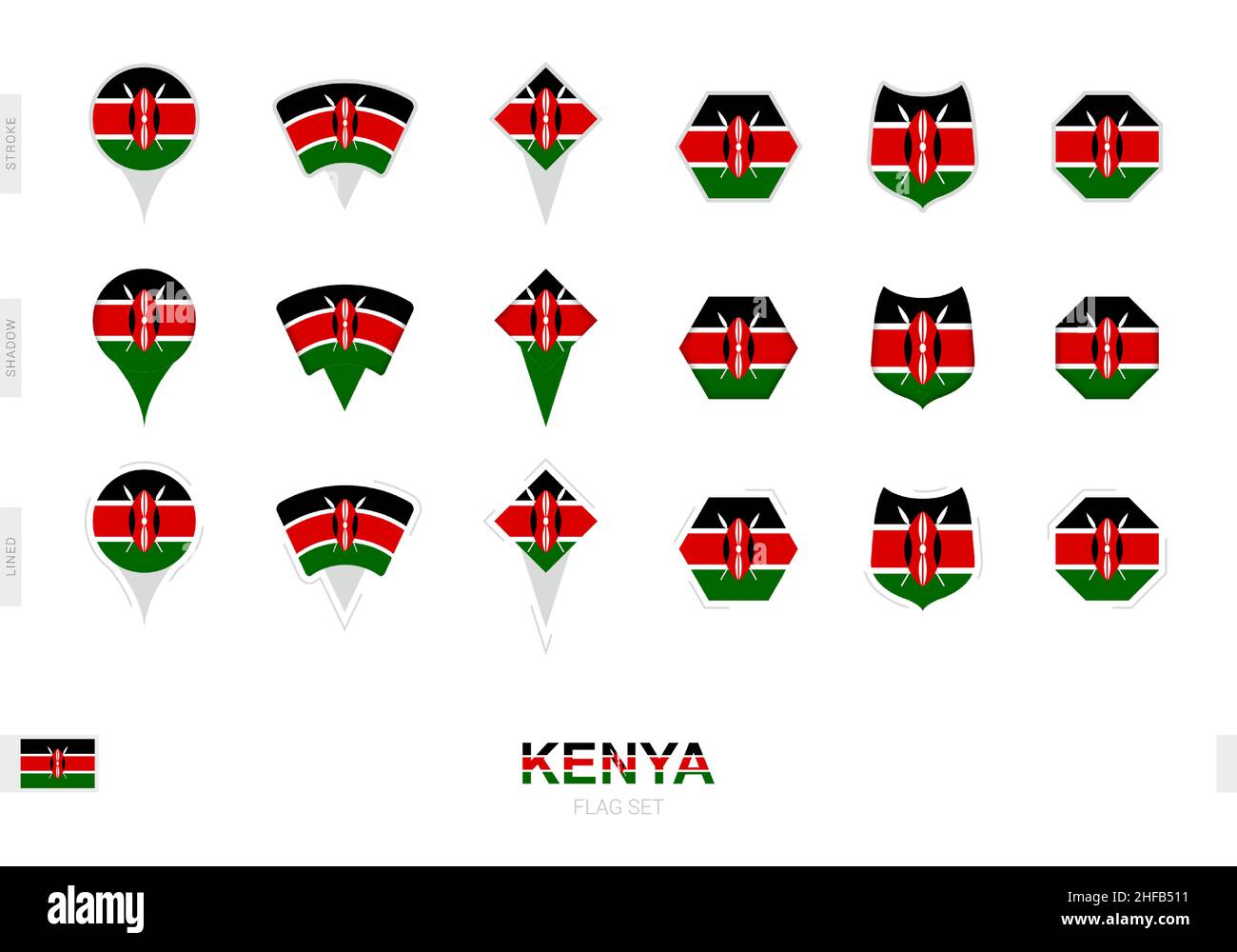 Collection of the Kenya flag in different shapes and with three different effects. Vector flag set. Stock Vector