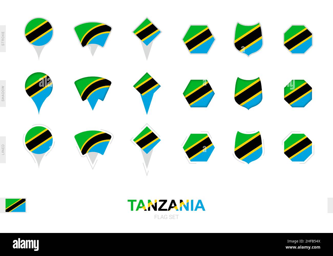 Collection of the Tanzania flag in different shapes and with three different effects. Vector flag set. Stock Vector