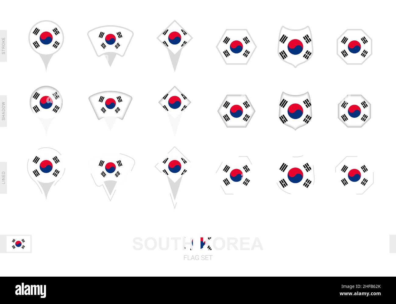 Collection of the South Korea flag in different shapes and with three