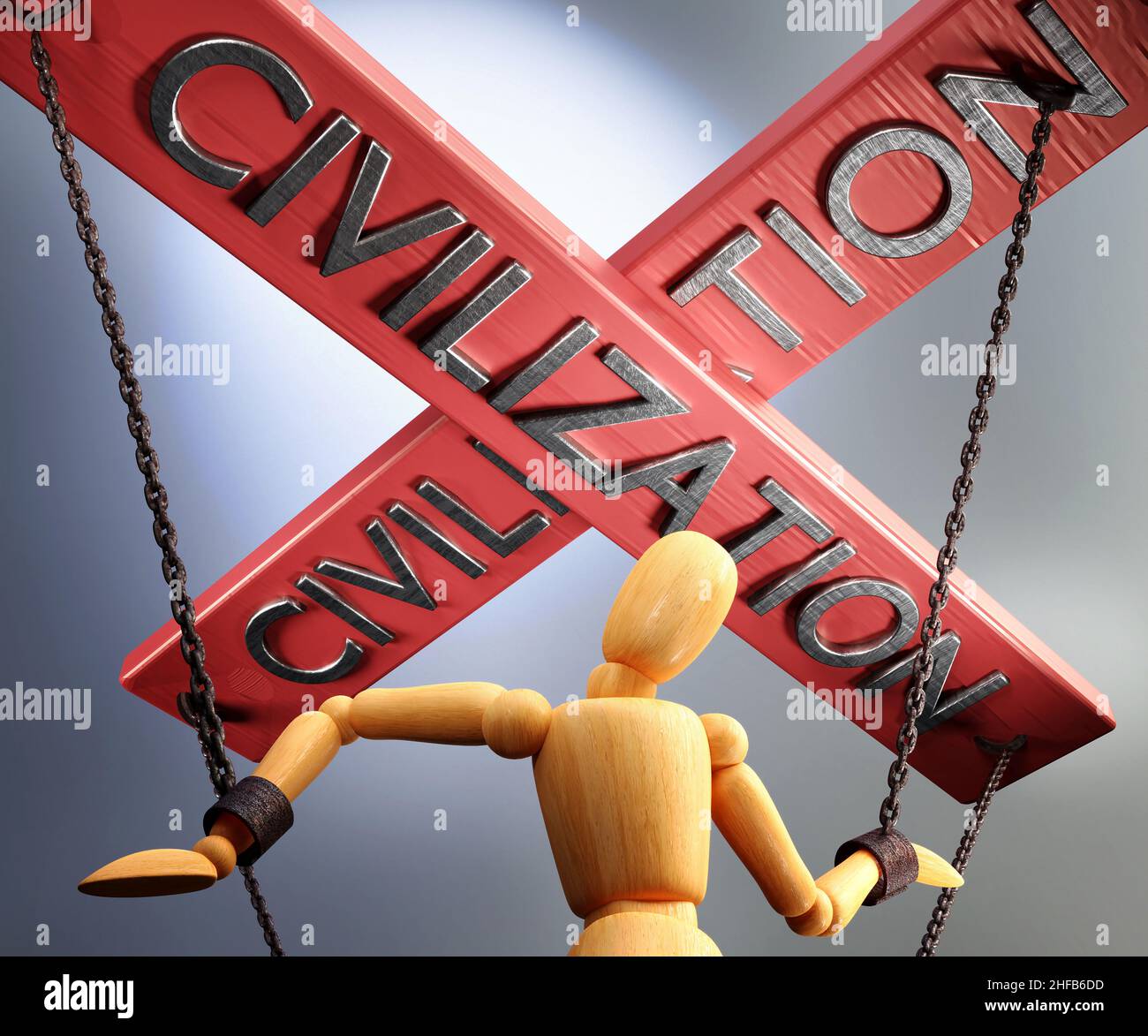Civilization control, power, influence and manipulation symbolized by control bar with word Civilization pulling the strings (chains) of a wooden pupp Stock Photo