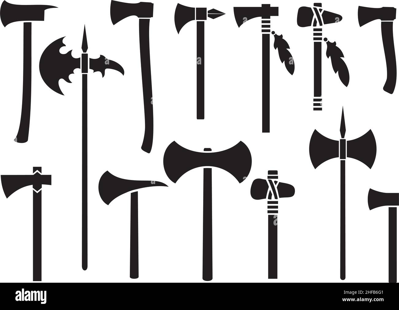 Axes icons set - black silhouettes. Vector illustration. Stock Vector