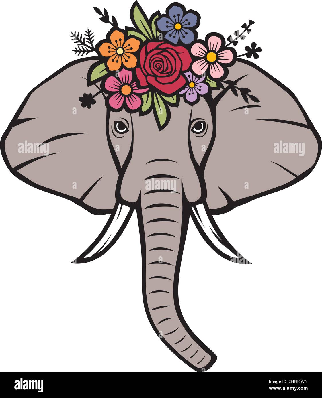 Floral elephant head with flowers (vector illustration) Stock Vector