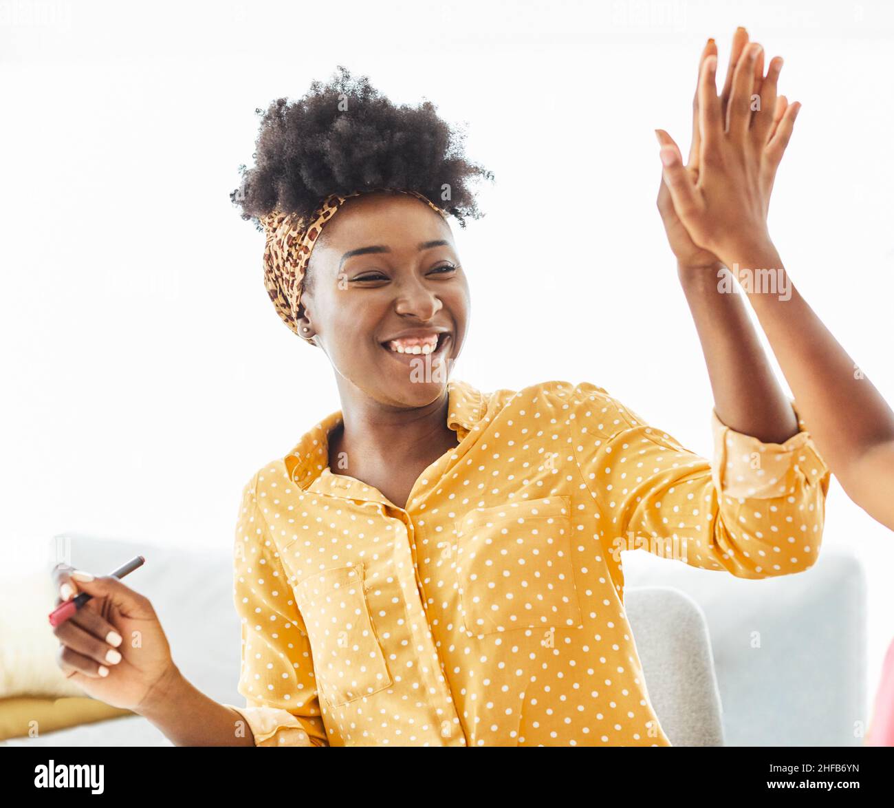 woman portrait business team success businesswoman office young high five student black african american celebrating happy Stock Photo
