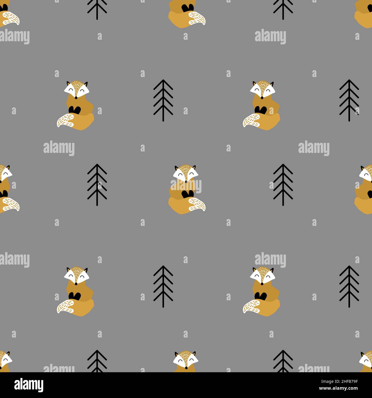 Seamless pattern with fox and fir tree. Cute woodland animal on gray ...