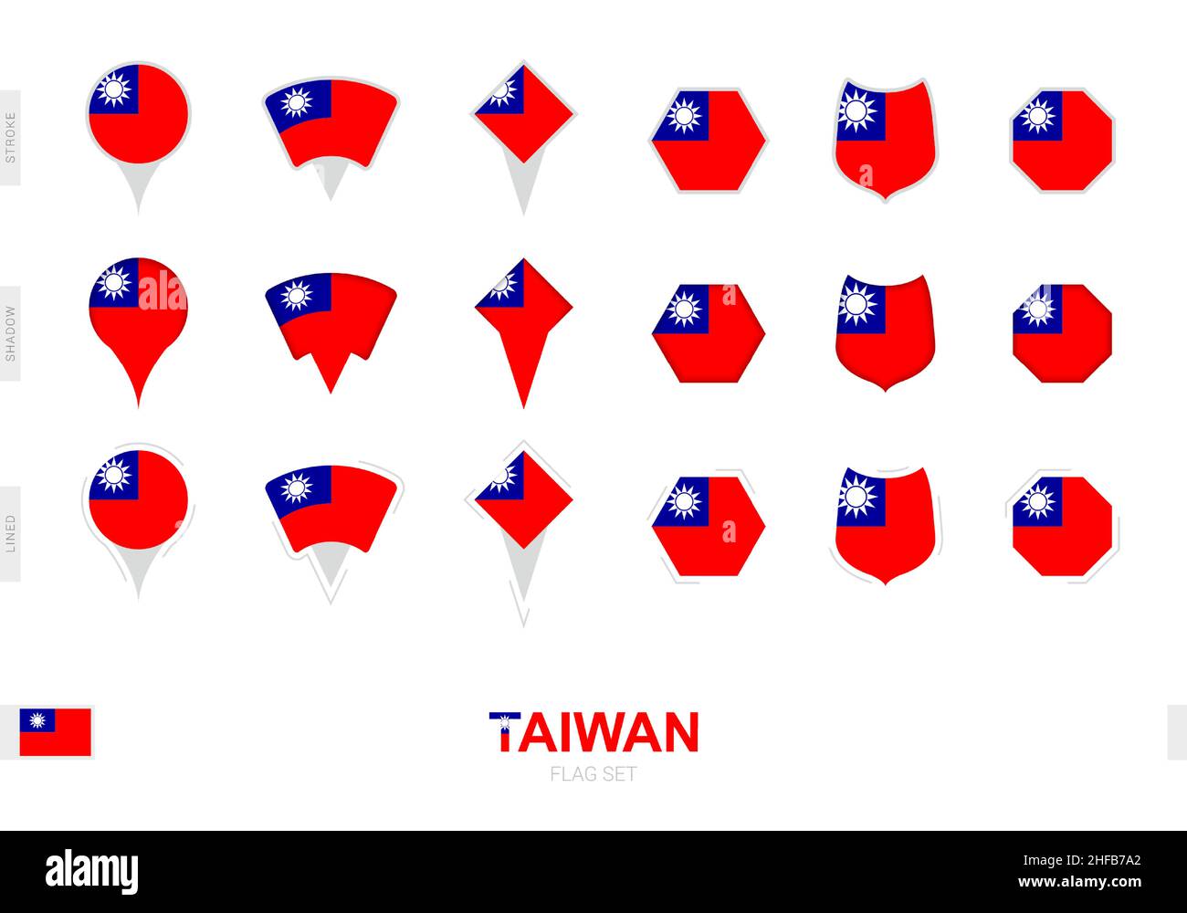 Collection of the Taiwan flag in different shapes and with three different effects. Vector flag set. Stock Vector
