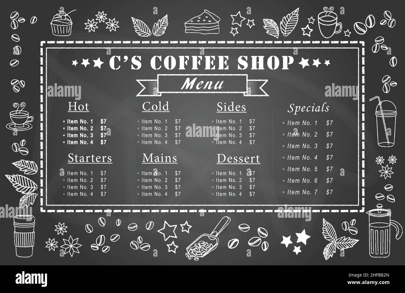 Coffee Shop Menu Handwritten on Chalkboard for Café flyer banner poster in the landscape with different drinks desserts cake pie Stock Vector