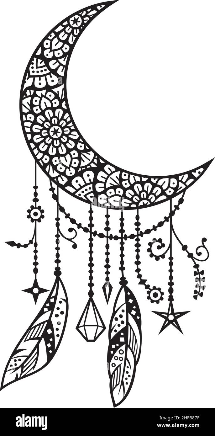 Mandala moon with feathers (Boho style) vector illustration Stock Vector