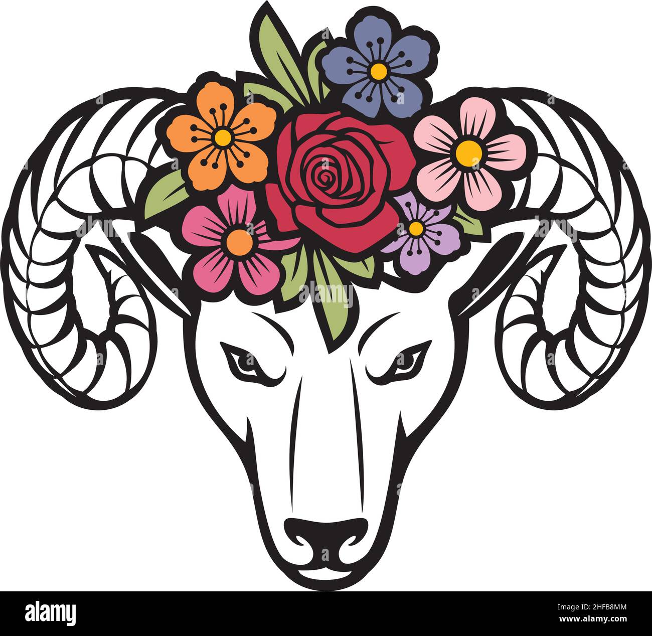 Ram head with flowers (vector illustration) Stock Vector