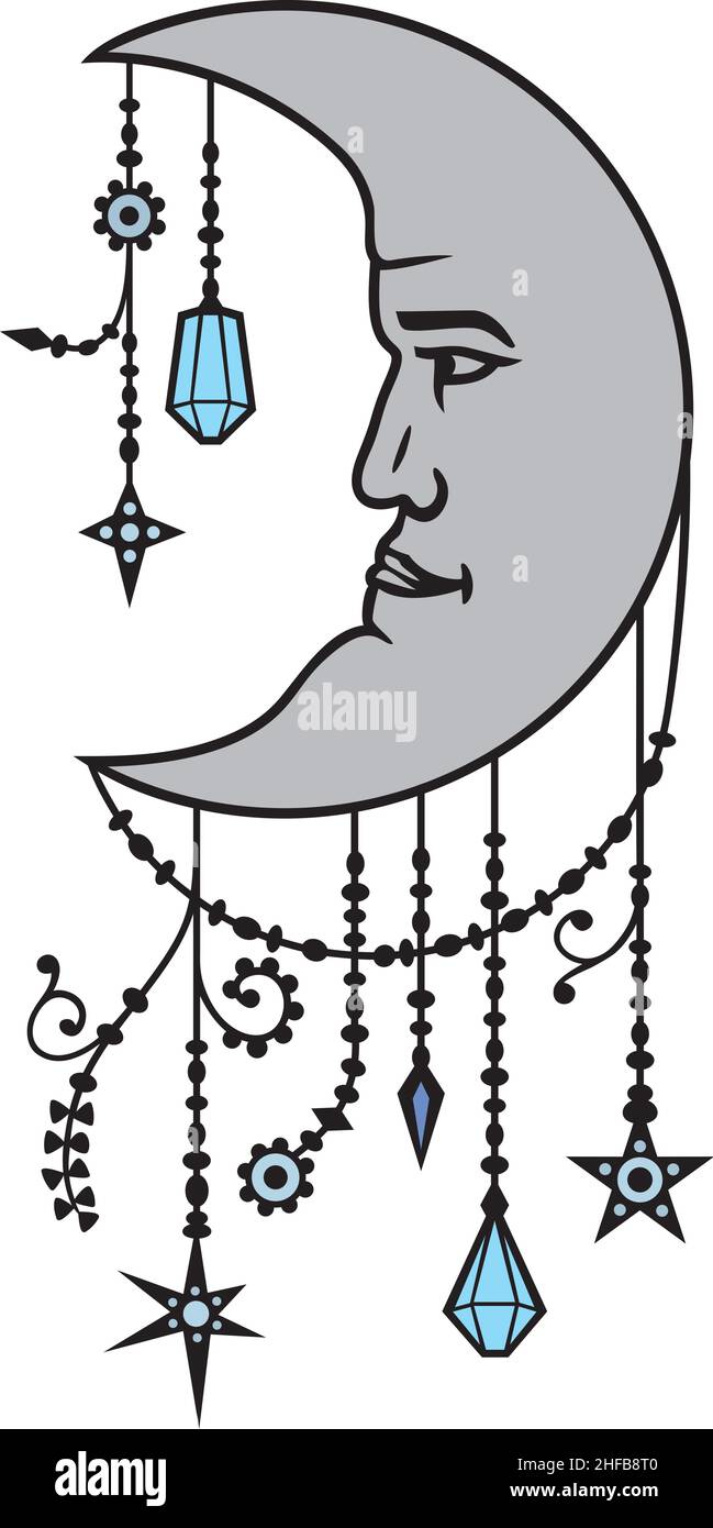 Moon or crescent in Boho style. Vector illustration. Stock Vector