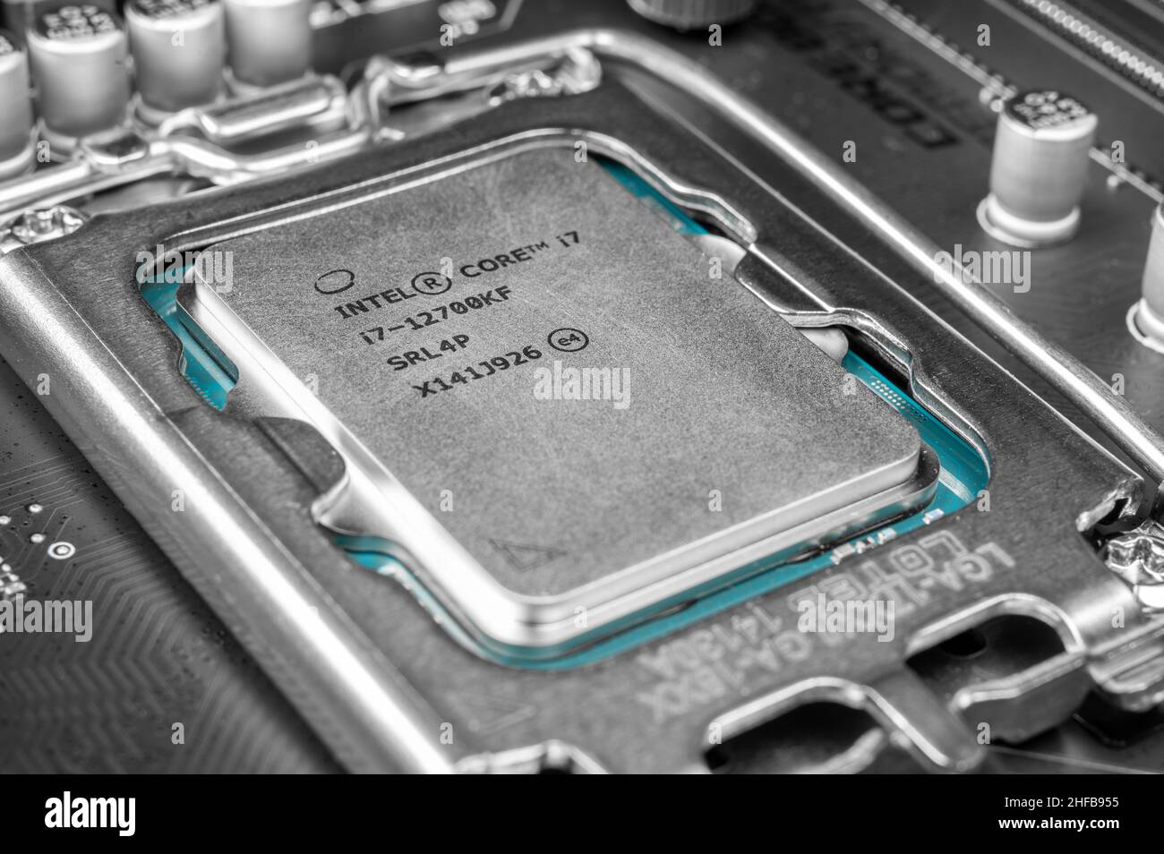 Moscow, Russia January 12, 2022 Latest Intel i7 12700kf processor chip in socket on