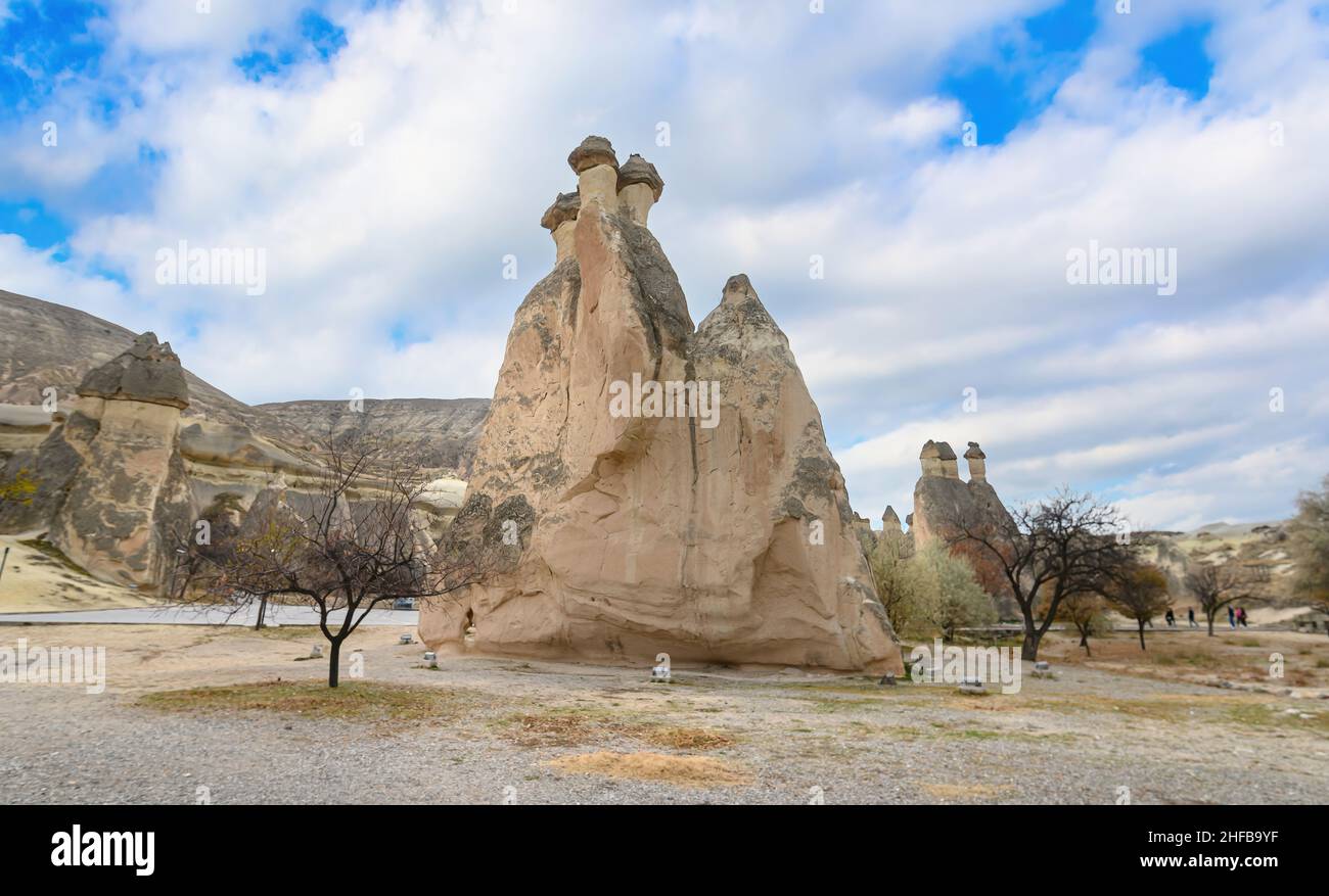 Fairy chimneys rock formations near Goreme, Cappadocia, Turkey. Stock Photo