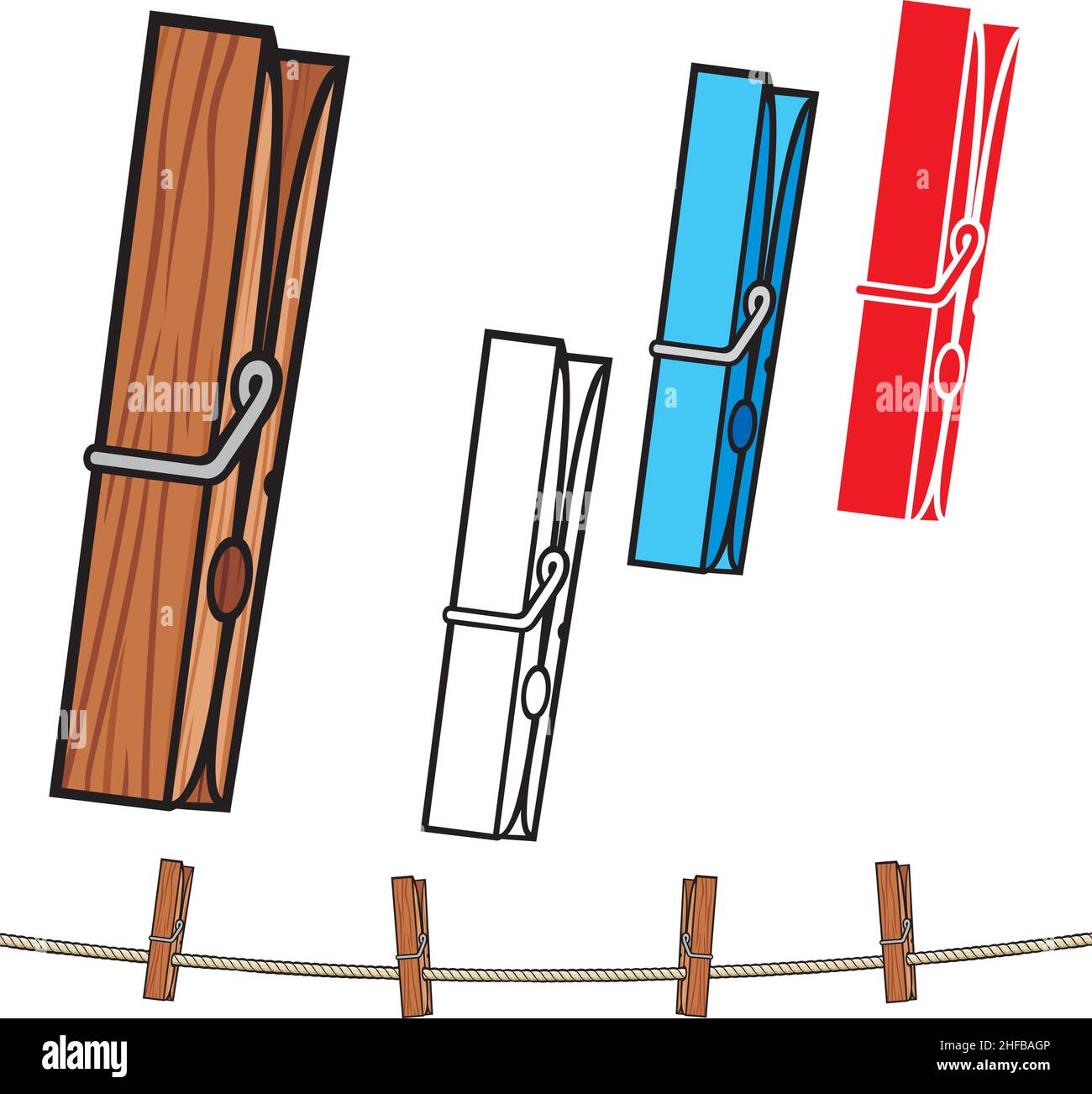 Clothespin and rope (clothes pegs). Vector illustration Stock Vector