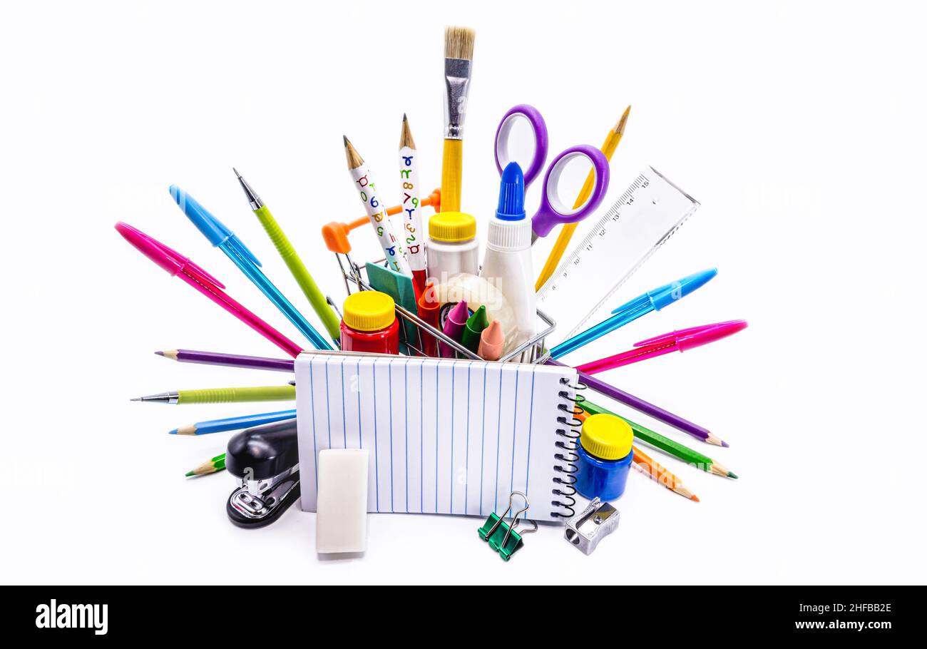 School supplies with shopping cart, and block with copy space, back to