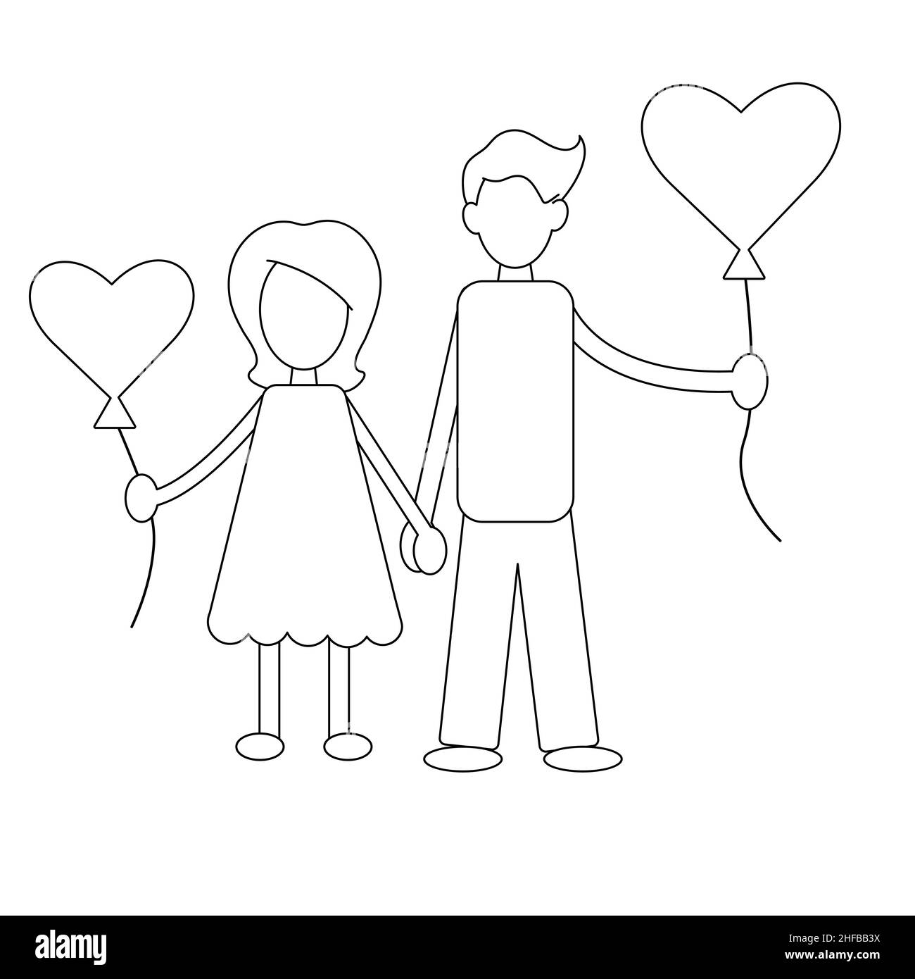Outline style black and white girl and boy fall in love. Heart shaped balloons, Valentines day vector design concept. Love story Stock Vector