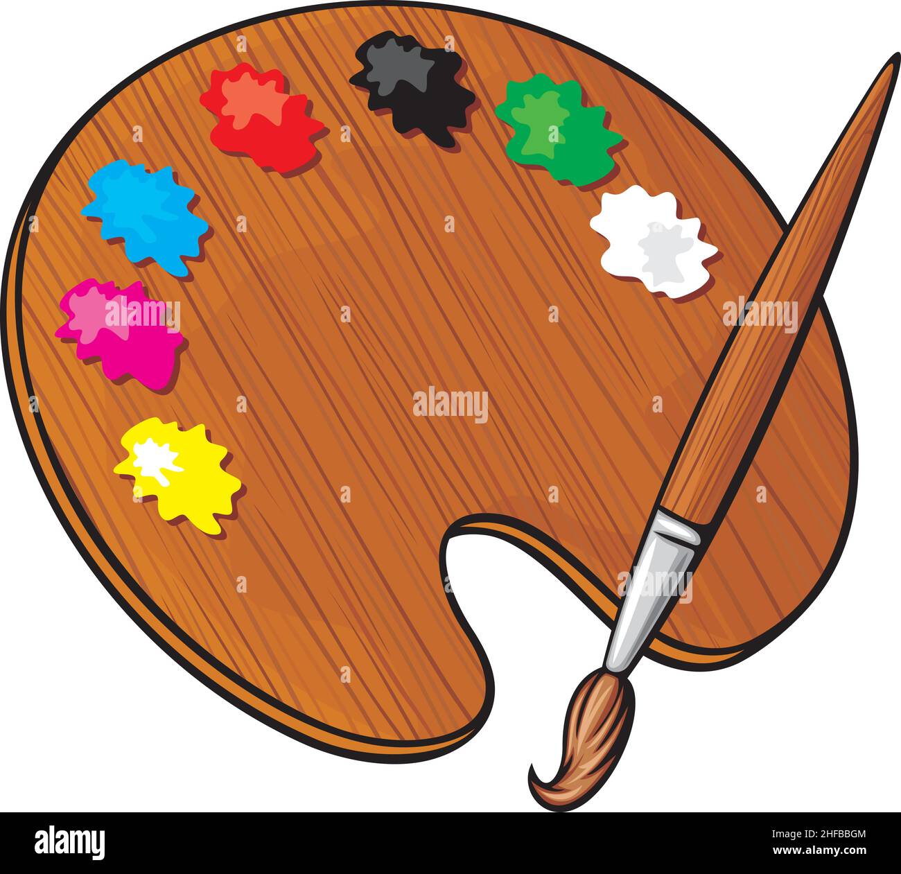 Wooden art palette with paints and paint brush vector illustration ...