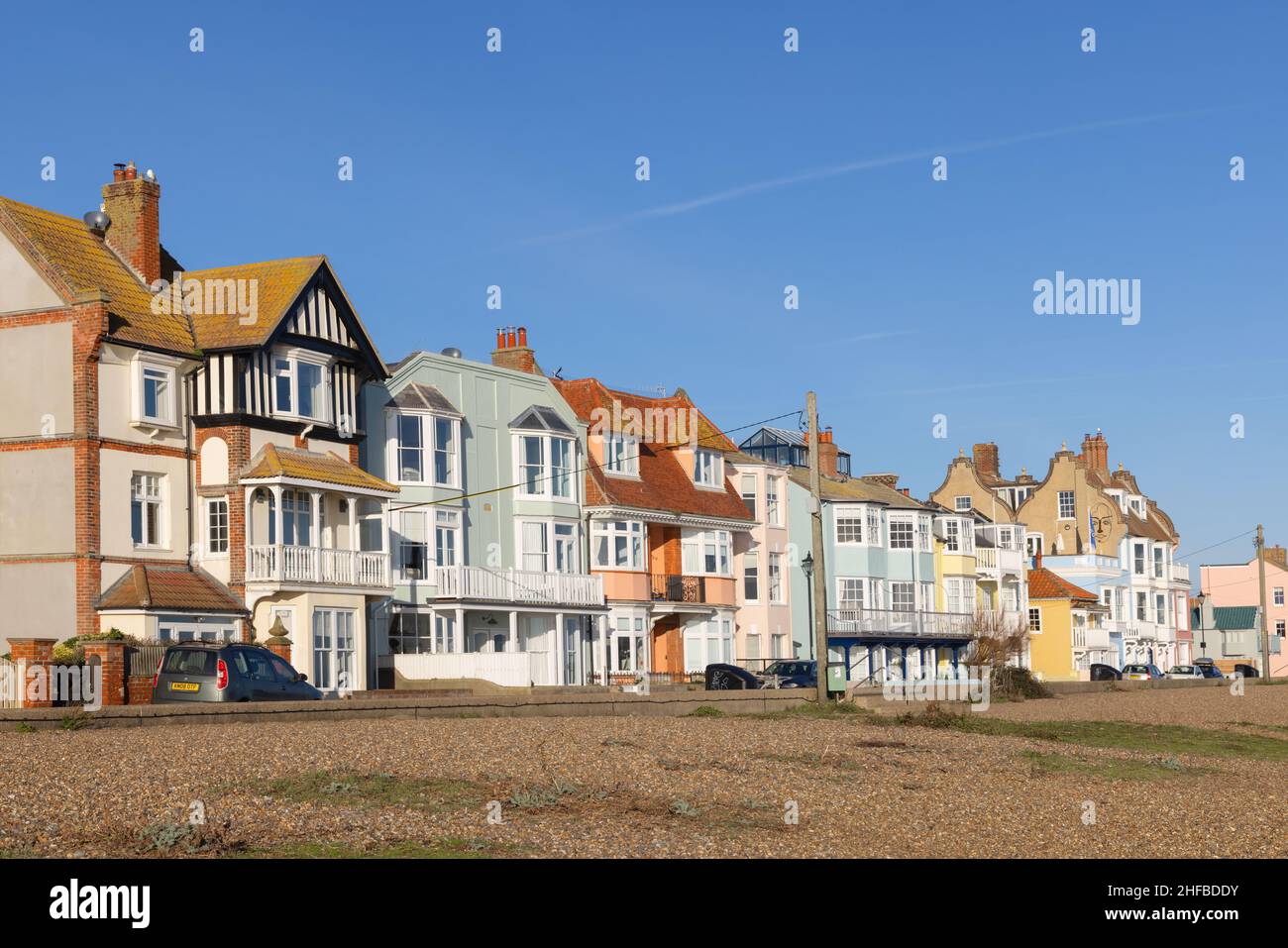 View of the colourful buildings on Crag Path facing the seafront in Aldeburgh. UK Stock Photo