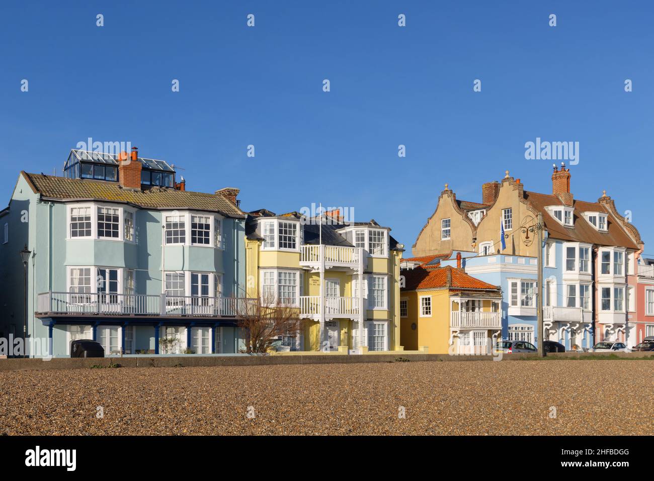 View of the colourful buildings on Crag Path facing the seafront in Aldeburgh. UK Stock Photo