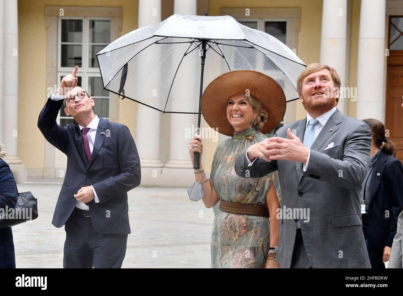 King Willem-Alexander and Queen Máxima of the Netherlands talk to Berlin Mayor Michael Mueller during their visit in Humboldt Forum on July 07, 2021 in Berlin, Germany. Stock Photo