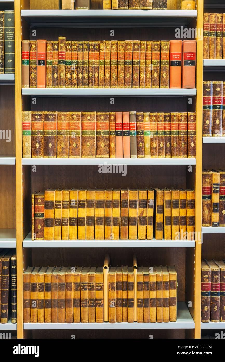 Old Vintage Books On Wooden Shelfs In Library Stock Photo - Alamy