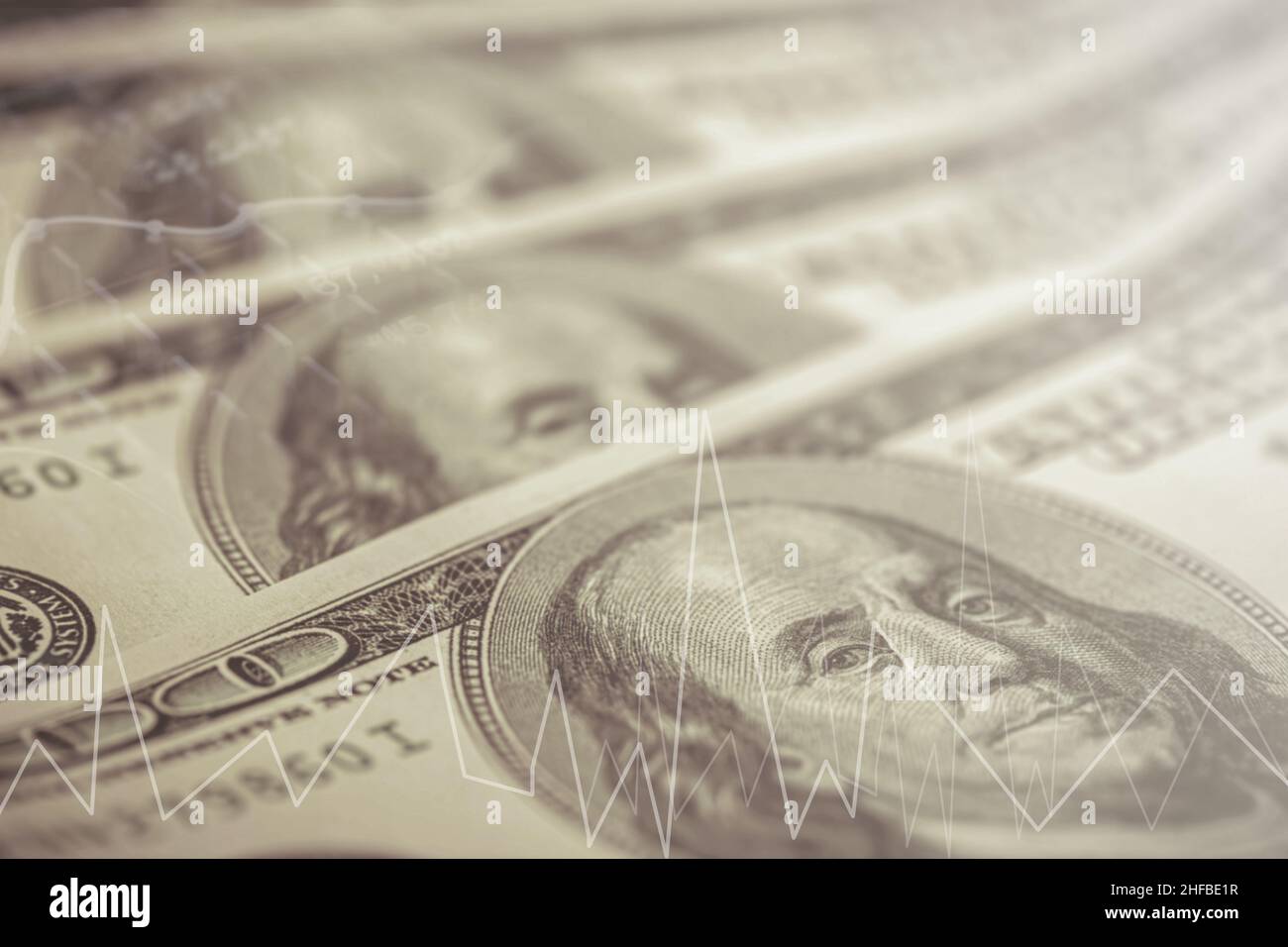 american money surrounding, stock exchange image with money texture and lines indicating rise and fall, investment or loss Stock Photo
