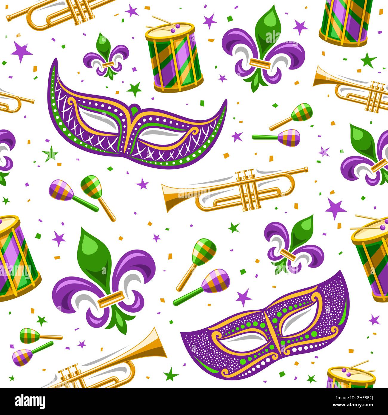 Vector Mardi Gras Seamless Pattern, square repeating background with decorative stars, purple venetian mask, street musical instruments, cut out illus Stock Vector