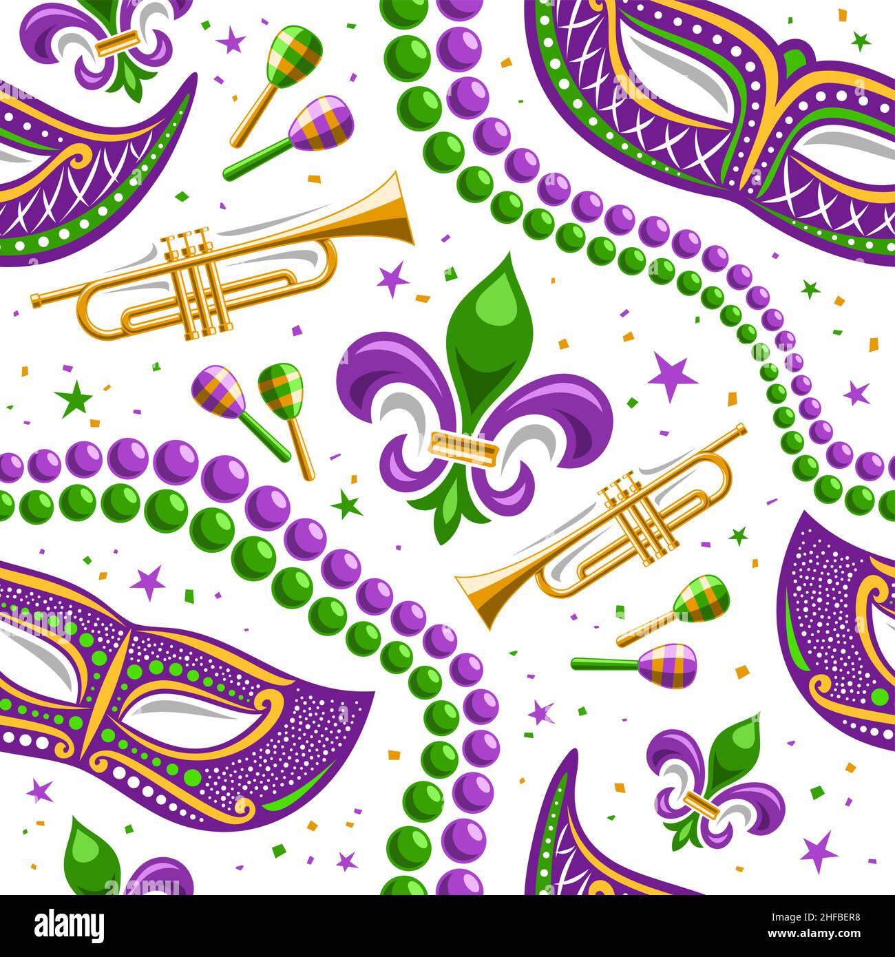 Vector Mardi Gras Seamless Pattern, square repeating background of