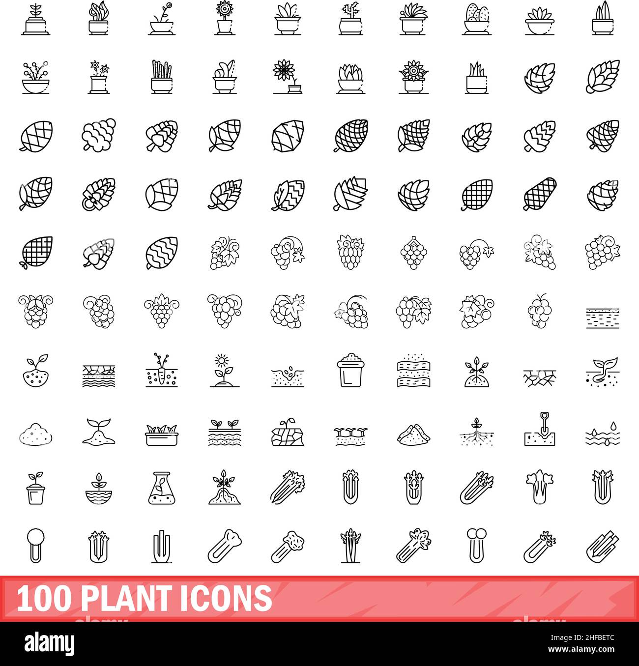 100 plant icons set. Outline illustration of 100 plant icons vector set isolated on white background Stock Vector