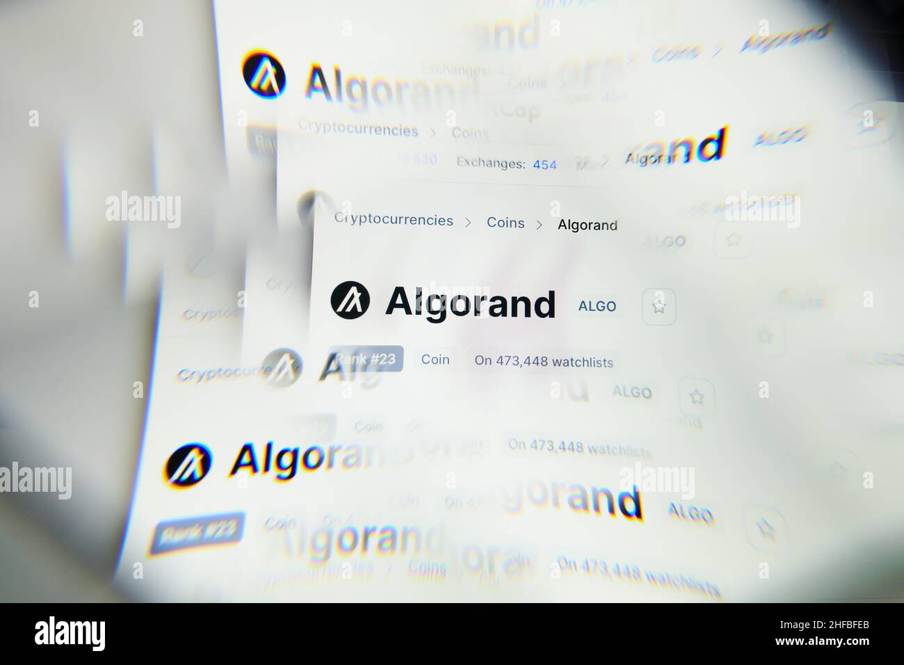 Milan, Italy - January 11, 2022: algorand - ALGO logo on laptop screen seen through an optical prism. Dynamic and unique image form algorand, ALGO coi Stock Photo